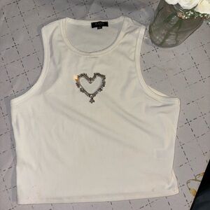 White Tank Top with Diamond Heart Embroidery